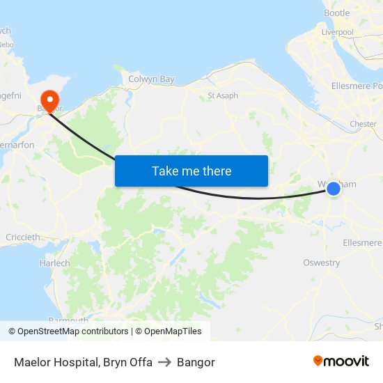 Maelor Hospital, Bryn Offa to Bangor map