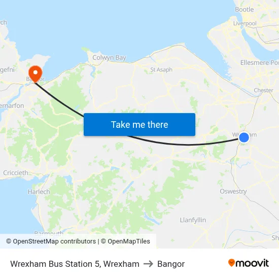 Wrexham Bus Station 5, Wrexham to Bangor map