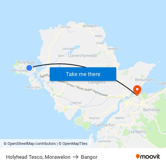 Holyhead Tesco, Morawelon to Bangor map