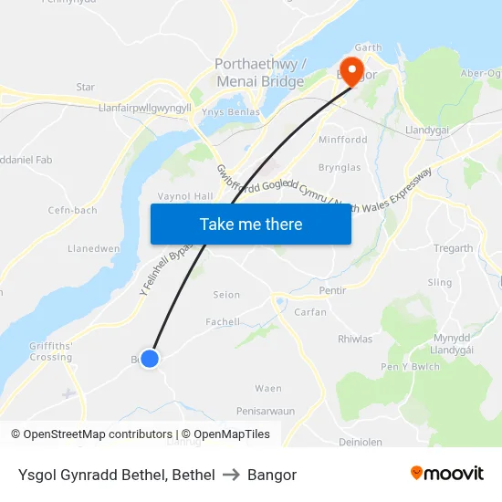 Ysgol Gynradd Bethel, Bethel to Bangor map