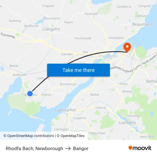 Rhodfa Bach, Newborough to Bangor map