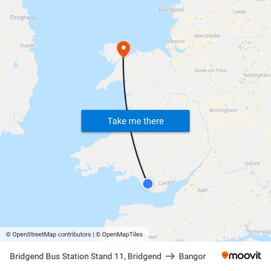 Bridgend Bus Station Stand 11, Bridgend to Bangor map