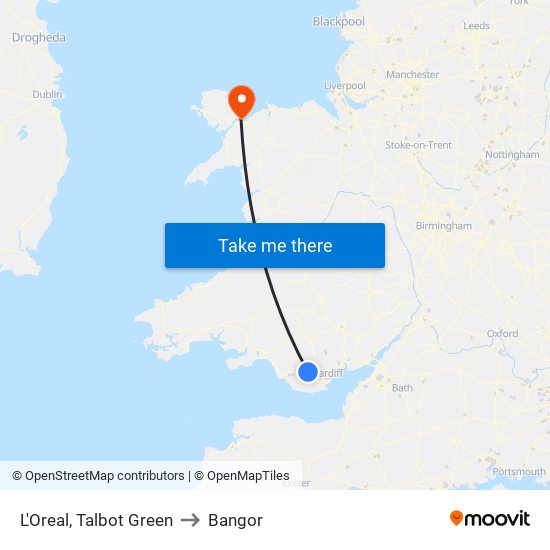 L'Oreal, Talbot Green to Bangor map