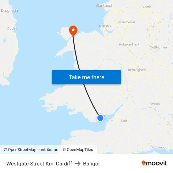 Westgate Street Km, Cardiff to Bangor map
