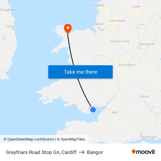 Greyfriars Road Stop Gn, Cardiff to Bangor map