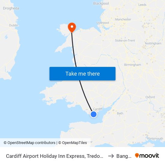 Cardiff Airport Holiday Inn Express, Tredogan to Bangor map