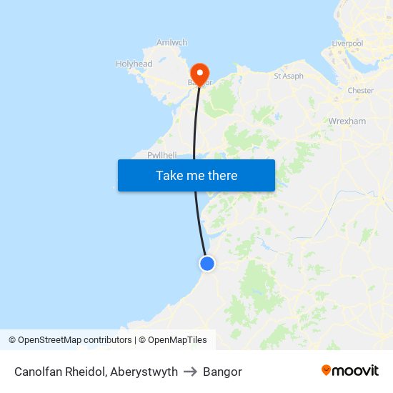 Canolfan Rheidol, Aberystwyth to Bangor map