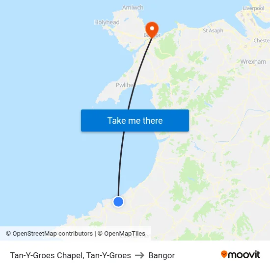 Tan-Y-Groes Chapel, Tan-Y-Groes to Bangor map