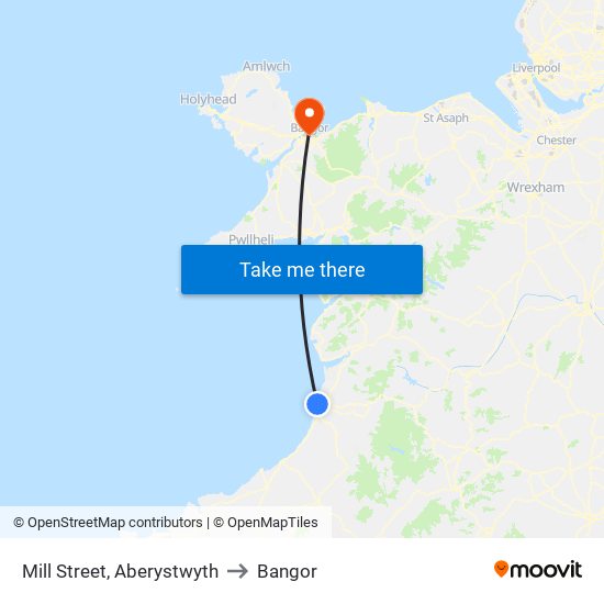 Mill Street, Aberystwyth to Bangor map