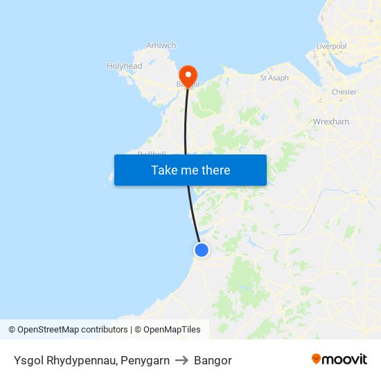 Ysgol Rhydypennau, Penygarn to Bangor map