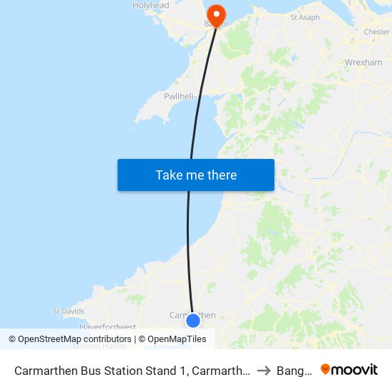 Carmarthen Bus Station Stand 1, Carmarthen to Bangor map