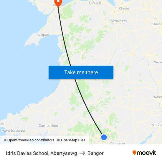 Idris Davies School, Abertysswg to Bangor map