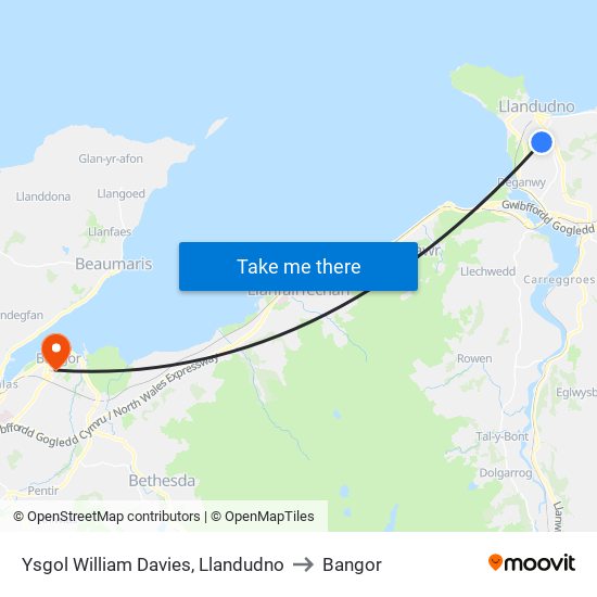 Ysgol William Davies, Llandudno to Bangor map