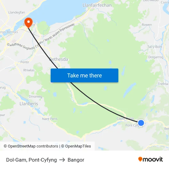 Dol-Gam, Pont-Cyfyng to Bangor map
