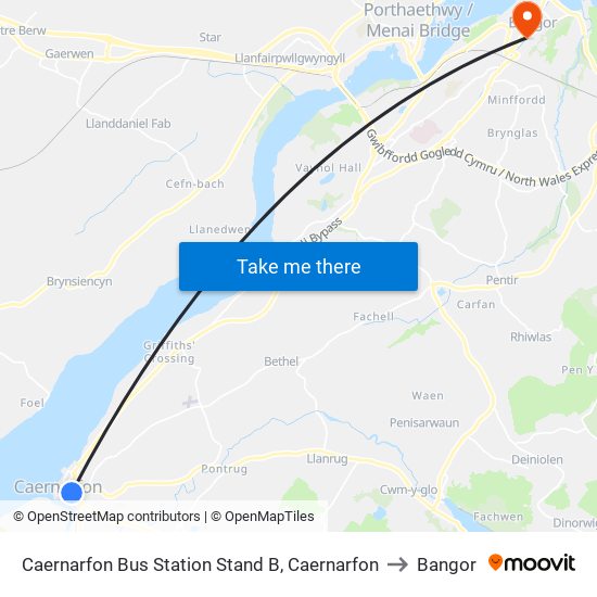 Caernarfon Bus Station Stand B, Caernarfon to Bangor map