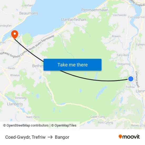 Coed-Gwydr, Trefriw to Bangor map