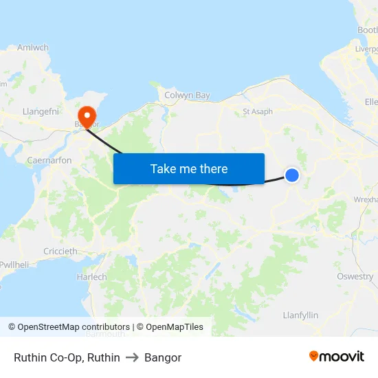 Ruthin Co-Op, Ruthin to Bangor map