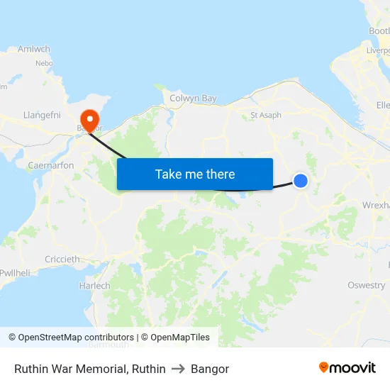 Ruthin War Memorial, Ruthin to Bangor map