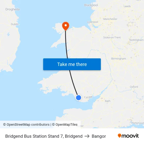Bridgend Bus Station Stand 7, Bridgend to Bangor map