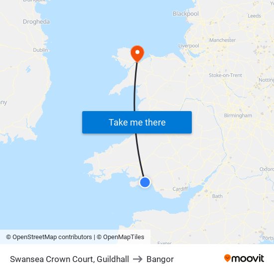 Swansea Crown Court, Guildhall to Bangor map