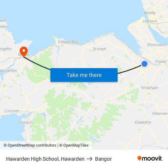 Hawarden High School, Hawarden to Bangor map