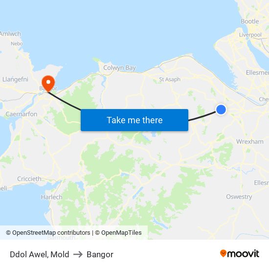 Ddol Awel, Mold to Bangor map