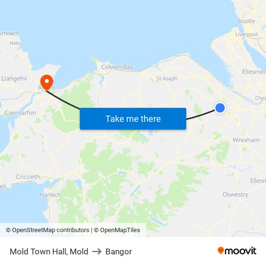 Mold Town Hall, Mold to Bangor map