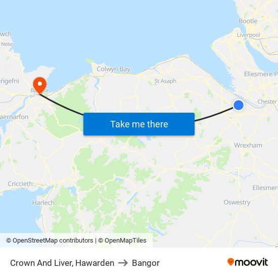 Crown And Liver, Hawarden to Bangor map