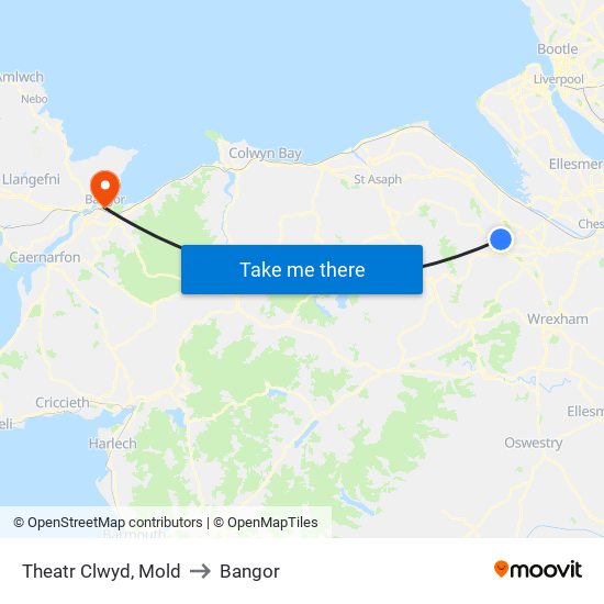 Theatr Clwyd, Mold to Bangor map