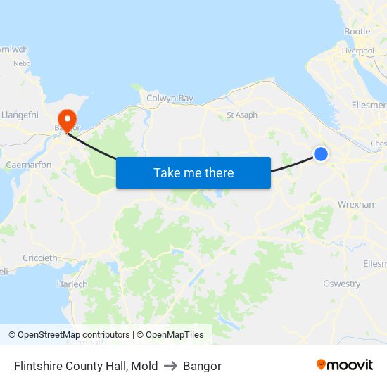 Flintshire County Hall, Mold to Bangor map