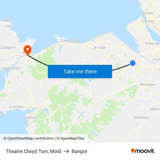 Theatre Clwyd Turn, Mold to Bangor map