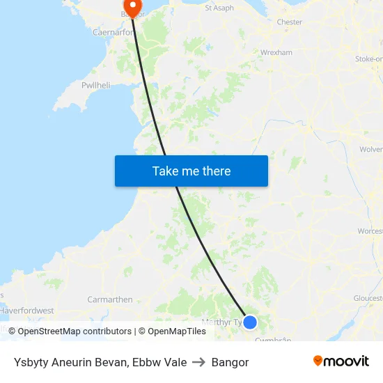 Ysbyty Aneurin Bevan, Ebbw Vale to Bangor map