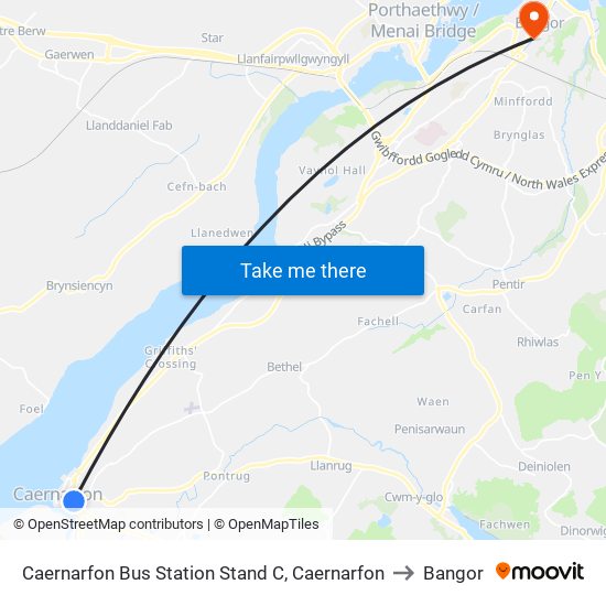 Caernarfon Bus Station Stand C, Caernarfon to Bangor map