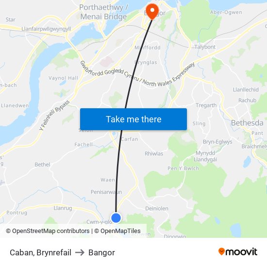 Caban, Brynrefail to Bangor map