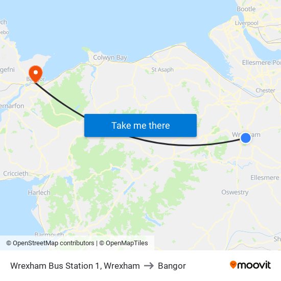 Wrexham Bus Station 1, Wrexham to Bangor map