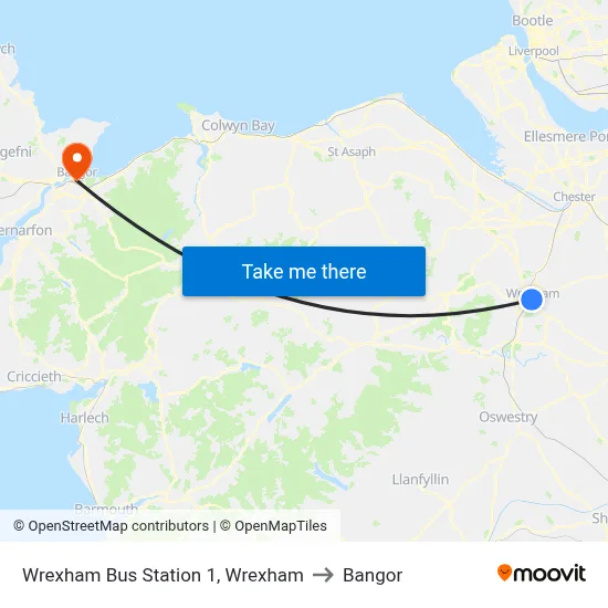 Wrexham Bus Station 1, Wrexham to Bangor map