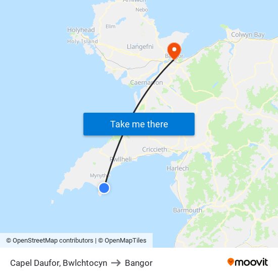 Capel Daufor, Bwlchtocyn to Bangor map