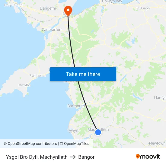Ysgol Bro Dyfi, Machynlleth to Bangor map