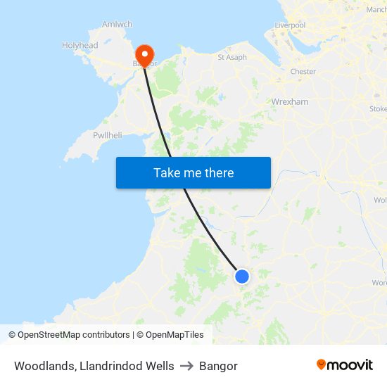 Woodlands, Llandrindod Wells to Bangor map