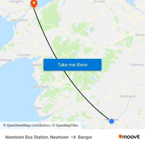 Newtown Bus Station, Newtown to Bangor map