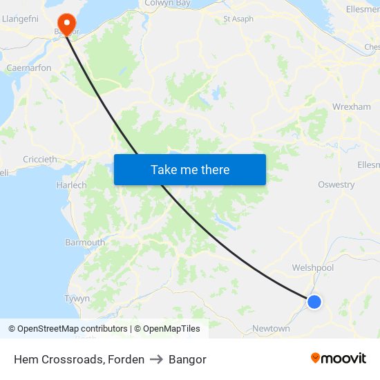 Hem Crossroads, Forden to Bangor map