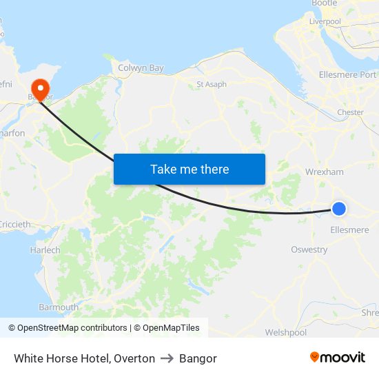 White Horse Hotel, Overton to Bangor map