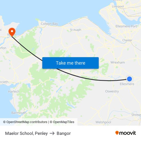 Maelor School, Penley to Bangor map