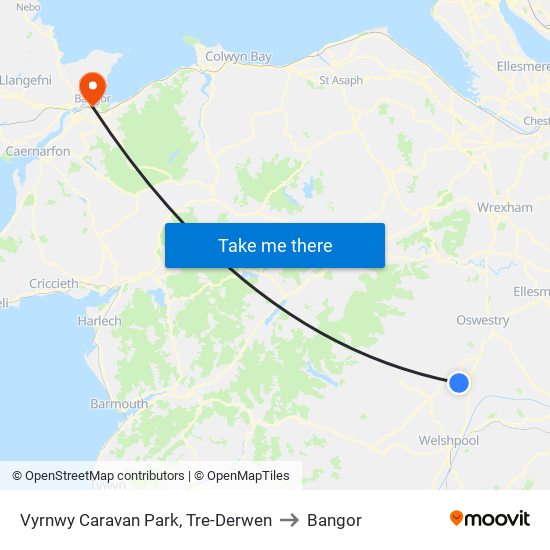 Vyrnwy Caravan Park, Tre-Derwen to Bangor map