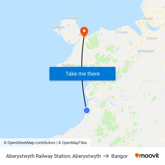 Aberystwyth Railway Station, Aberystwyth to Bangor map