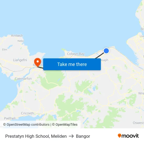 Prestatyn High School, Meliden to Bangor map
