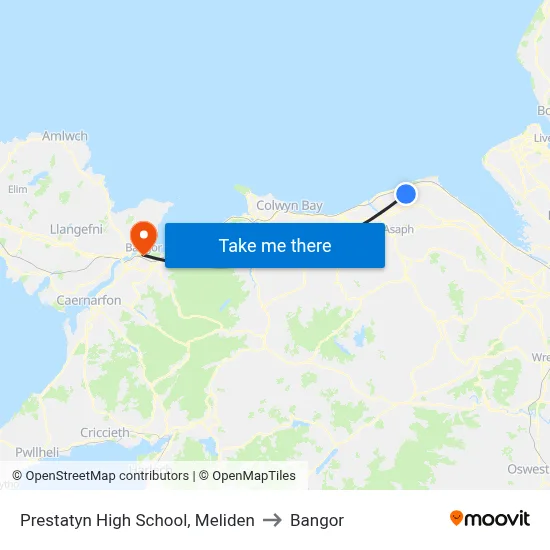 Prestatyn High School, Meliden to Bangor map
