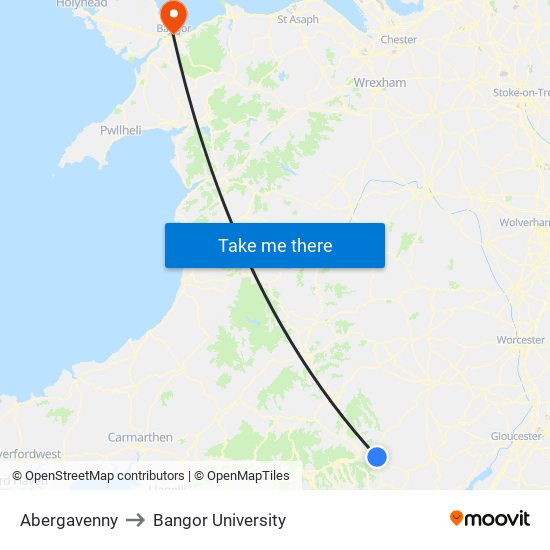 Abergavenny to Bangor University map