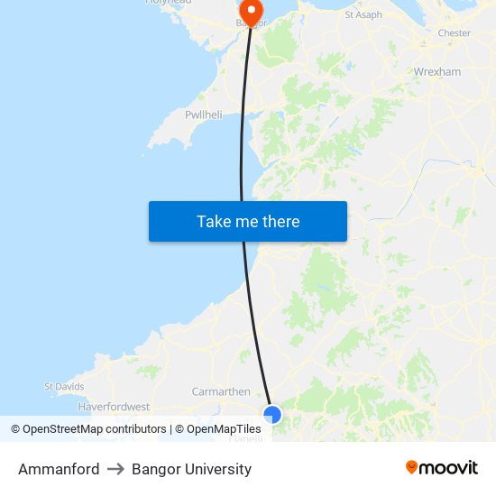 Ammanford to Bangor University map