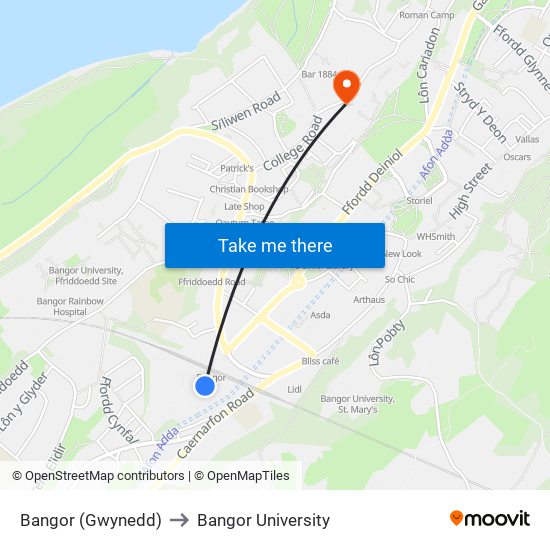 Bangor (Gwynedd) to Bangor University map